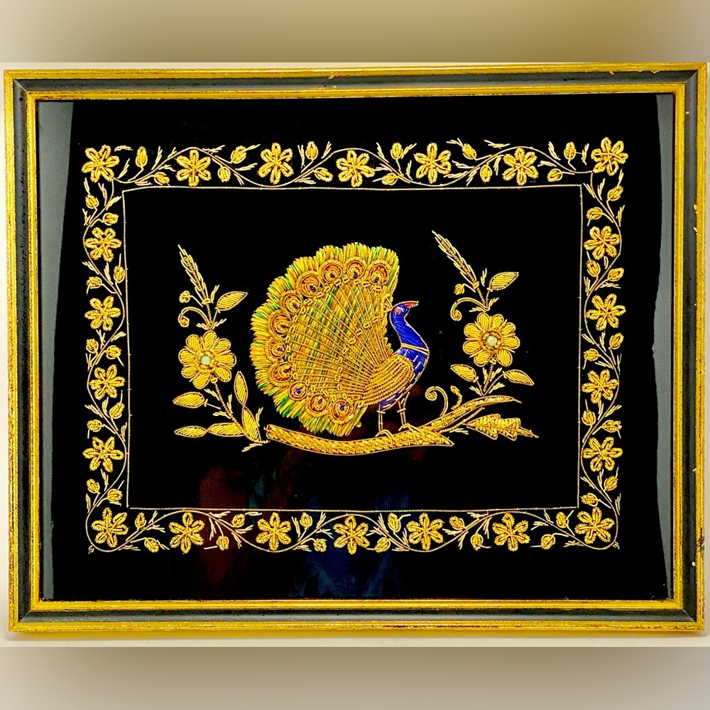 ✅ Stunning Rare Peacock Gold Floral Zardozi Zari Framed Wall Art Work Picture